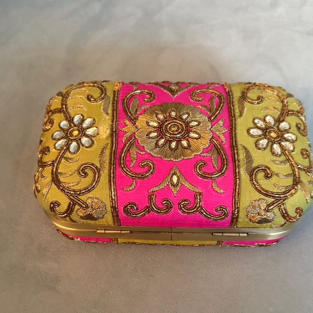 Embroidered Pink and Gold Clutch